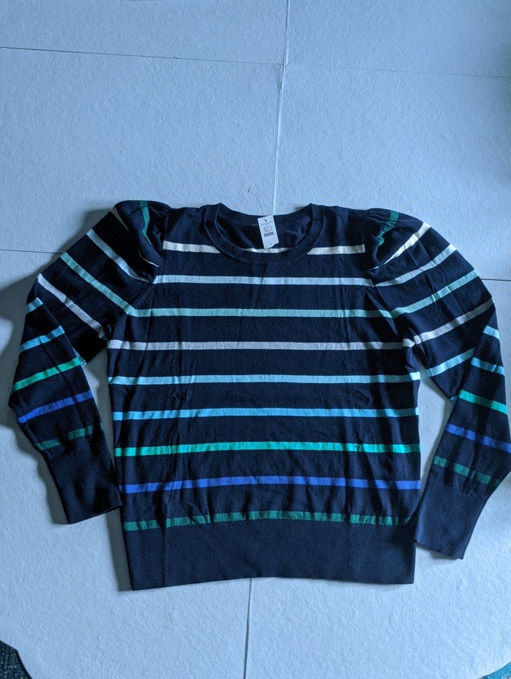 NWT Talbots Navy Crewneck Sweater with Blue, Green & White Stripes - Sz L